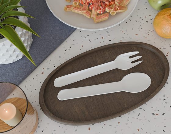 Paper fork and spoon on a serving tray
